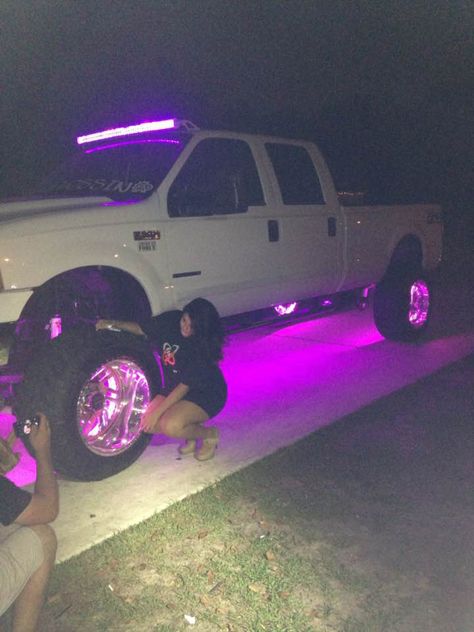 Photoshoot #chevy #liftedtrucks #trucks #pink Pink Lifted Chevy Trucks, White And Pink Truck, Pimped Out Trucks, Girl Truck Accessories, Jacked Up Trucks Chevy, Pink Lifted Trucks, Pink Chevy Trucks, Big Chevy Trucks, Pink Trucks