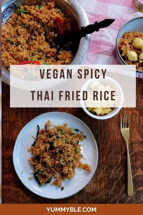 Whip up this EASY and AUTHENTIC vegan spicy Thai fried rice in 10 minutes from start to finish. Get the best Thai fried rice tips for AMAZING vegan Thai basil fried rice at home. This recipe also comes with a list of substitutes for ingredients! Fried Rice Instant Pot, Thai Basil Fried Rice, Fried Rice At Home, Basil Fried Rice, Thai Stir Fry, Thai Fried Rice, Stir Fry Dishes, Spicy Thai, Best Thai