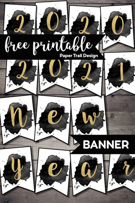 Free printable New Year banner letters and numbers. Gold letters for cute and easy New Year party decor. #papertraildesign #NewYear #NewYearParty #NewYearDecor #NewYearDecorations #EasyNewYear #HappyNewYear #NewYearsEve New Year Party Decor, New Year Printables, Paper Trail Design, Free Printable Crafts, Free Printable Banner, New Year's Party Decorations, Happy New Year Banner, Trail Design, Happy Birthday Signs