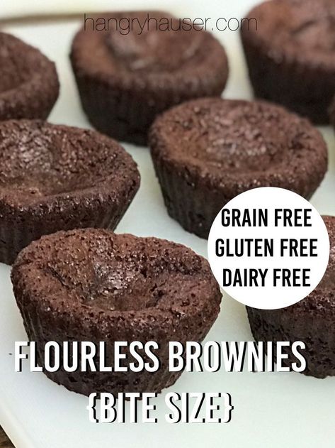 These brownies are chewy on the outside, fudgy on the inside and the perfect bite size chocolate treat made without flour, gluten, grains or dairy. Flourless Brownies, Bite Size Desserts, Brownie Bites, Gf Desserts, Gluten Free Sweets, Gluten Free Dairy Free Recipes, Gluten Free Eating, Gluten Free Treats, Gluten Free Cookies