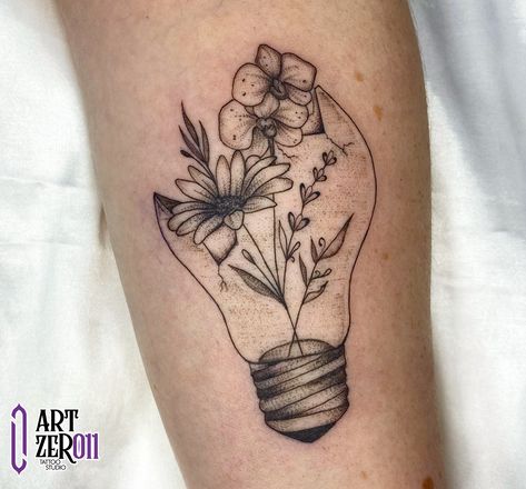 Woman’s Half Sleeve Ideas, Light Bulb Tattoo Ideas, Lightbulb With Flowers Inside Tattoo, Broken Lightbulb With Flowers, Dark And Light Tattoo, Lightbulb Flower Tattoo, Light Bulb With Flowers Tattoo, New Beginning Tattoo Fresh Start, All Lights Turned Off Tattoo