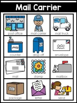 Mail Carrier Community Helper Writing Center Word ListThese picture cards help students to visualize and comprehend new vocabulary.These cards come in both color and black and white. Mail Man Craft, Mail Preschool Activities, Police Officer Crafts For Toddlers, Mail Carrier Preschool, Mailman Crafts, List Of Community Helpers, Community Helpers Art, Community Helpers Lesson Plan, Community Helper Lesson