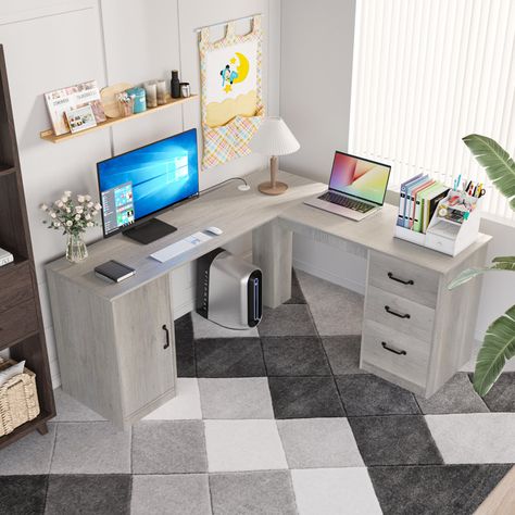 Ebern Designs Nyncke 60'' Desk & Reviews | Wayfair L Shaped Desk With Storage, L Shaped Computer Desk, L Shaped Office Desk, Gaming Area, L Shaped Executive Desk, Desk Workstation, Modern Office Space, Shaped Desk, File Drawer