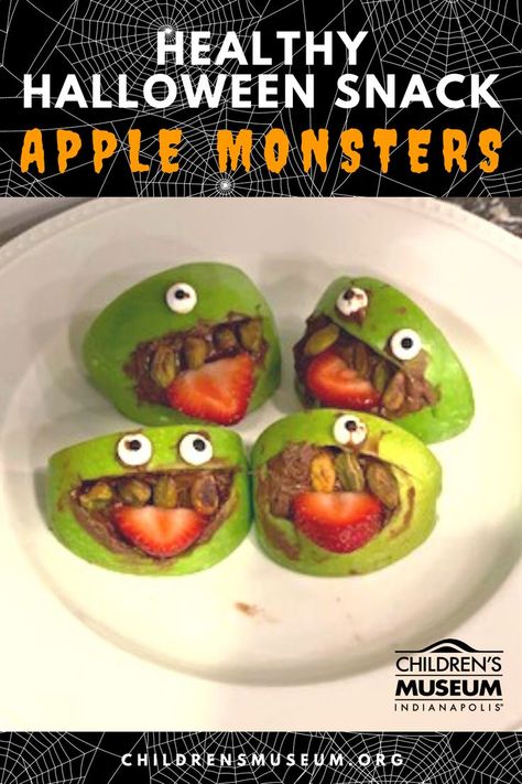 Apple monster snacks make a great healthy halloween treat for kids. Our recipe uses pistachios and nutella to make the apple monster mouths extra delicious. Great for a healthy halloween snack or halloween school treat. Easy halloween recipe kids can make themeselves. Diy Halloween Snacks, Halloween Recipes Kids, Halloween Snack For Kids, Apple Monsters, Halloween Snacks Diy, Monster Snacks, Recipes Kids Can Make, Halloween Snacks For Kids, Kids Halloween Food