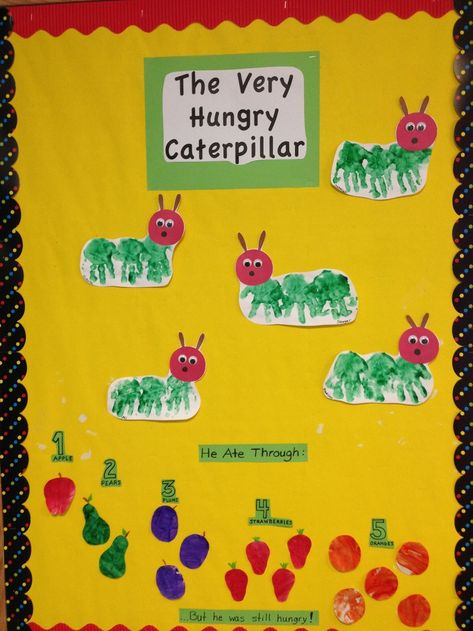 infant room bulletin board ideas | The Very Hungry Caterpillar infant room bulletin board! Toddler Room Bulletin Board Ideas, Infant Room Themes Daycare, Infant Classroom Theme Ideas Daycares, Bulletin Board Ideas Infants, Infant Room Bulletin Board Ideas, Hungry Caterpillar Bulletin Board Ideas, Caterpillar Infant Craft, Caterpillar Craft For Infants, Infant Teacher Ideas