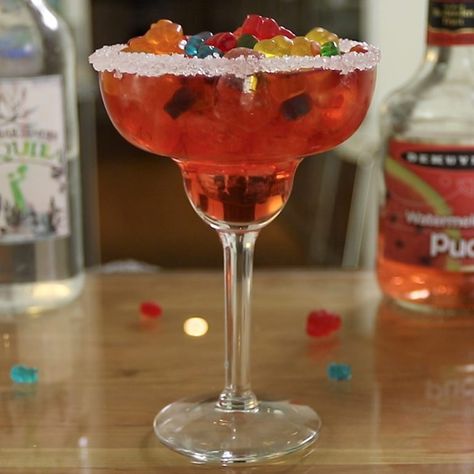 Try These Tasty New Margarita Recipes From Tipsy Bartender Gummy Bear Drink, Tequila Watermelon, Tequila Drinks Recipes, Margarita Cocktails, Passion Fruit Margarita, Bear Drink, Candied Cranberries, Flavored Margaritas, Candy Cocktails