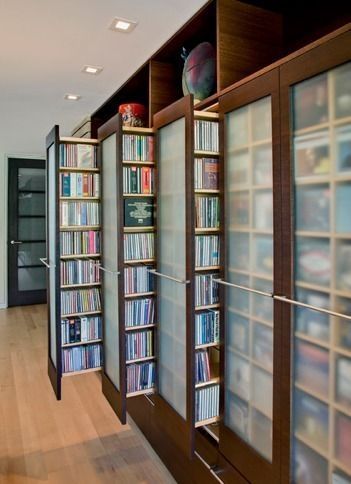 Unique Bookshelves, Home Library Rooms, Small Space Interior Design, Dvd Storage, Library Room, Home Library Design, Home Libraries, Library Design, Book Storage