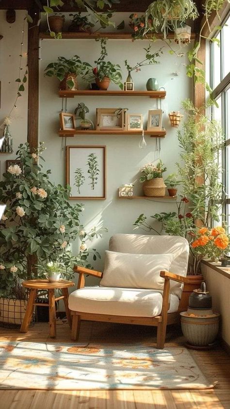 Tv Unit With Plants, Living Room With Balcony Ideas, Cottage Core Studio Apartment, Happy Interior Design, Skandi Style Living Room, Small Budget House Design, Boho Windows, Different Home Aesthetics, Plant Corner Ideas