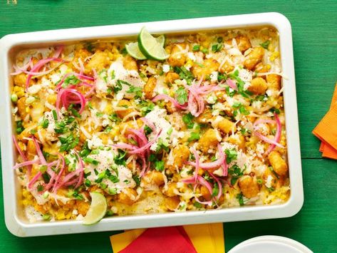 Mexican Street Corn Loaded Tots, Food Network Chefs, Mexican Street Corn, Mexican Street, Street Corn, Food Network Magazine, Pickled Red Onions, Appetizer Dips, Mexican Dishes