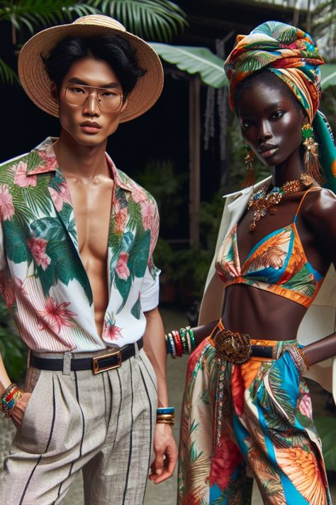 Two models wearing vibrant, tropical-themed clothing pose confidently in an outdoor setting. Island Party Outfit, Island Party, Theme Inspiration, Tropical Dress, Colorful Accessories, Island Vibes, Luau Party, Next Clothes, Summer Events