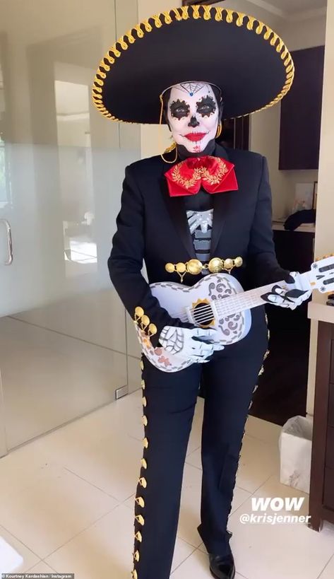 'WOW': Her mother and momager Kris Jenner went for a full Dia De Los Muertos look, wearing themed makeup and a mariachi band uniform including a sombrero Celeb Halloween Costumes, Celeb Halloween, Mariachi Costume, Heidi Klum Dress, Themed Makeup, Celebrity Costumes, Mariachi Band, Coco Austin, Minnie Mouse Outfits