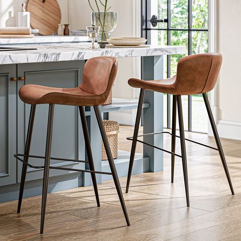 Set of 2 33.9 Inch Modern Brown Counter Height Bar Stools, Upholstered Saddle Leather Bar Stool with Backrest for Kitchen Island Modern Farmhouse Barstools, Brown Leather Bar Stools, Modern Bar Stools Kitchen, Kitchen Counter Chairs, Chairs For Kitchen Island, Small Bars For Home, Traditional Bar Stool, Lake Kitchen, Bar Chairs Kitchen