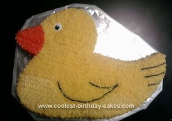 Homemade Duck Cake: To make this homemade duck cake I just used one box of cake mix and cooked it as directed in a 9x13 square pan. While the cake was cooling I went online Duck Cake Ideas, Rubber Ducky Birthday, Homemade Birthday Cake, Birthday Cake Designs, Frosting Ideas, Duck Party, Orange Icing, Duck Cake, Duck Birthday