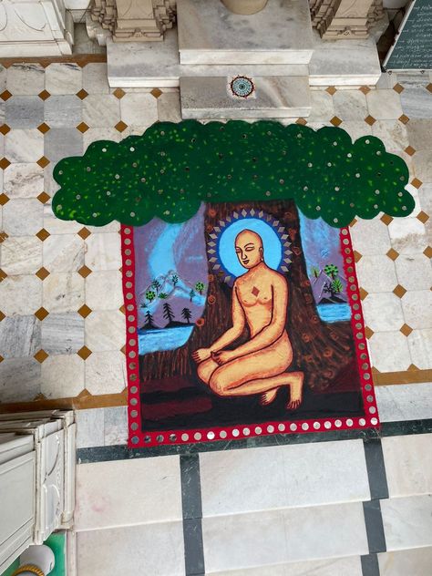 Jain Rangoli Designs, Jainism Art, Mahavir Swami, Color Rangoli, Mandir Designs, Mandir Decoration, Mandir Design, Rangoli Colours, Jain Temple