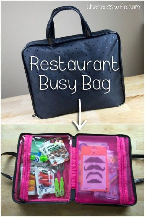 Restaurant Busy Bag -- everything you need to keep kids happy and not hungry when eating out. Restaurant Busy Bag, Travel Busy Bags, Toddler Busy Bags, Kids Travel Activities, Not Hungry, Activity Bags, Busy Boxes, Kid Hacks, Toddler Travel