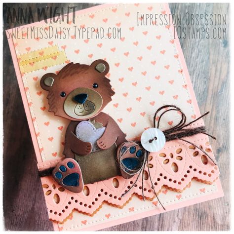 The Impression Obsession design team is featuring dies as the main focus for our inspiration projects today. On this card I used the Bear (DIE784-Y). He’s cut from heavy weight white card stock and colored with alcohol markers. I added Glossy Accents to his eyes for a bit of shine. I used Border Duo 2 die set (DIE018-V) to create the cute peach lace border. I added a double twine bow and a pretty shell button for embellishment. Check the Impression Obsession blog for a list of designers ... Cute Peach, Bear Love, Peach Lace, Love Store, Impression Obsession, Die Cut Cards, Alcohol Markers, Valentine Cards, Animal Cards