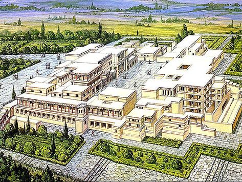 MINOAN CIVILIZATION: Palace of Minos at Knossos (reconstruction drawing),  15th Century BC. Minoan Architecture, Knossos Palace, Minoan Art, Architecture Antique, New Palace, Crete Island, Ancient Greek Architecture, Grece Antique, Greek History