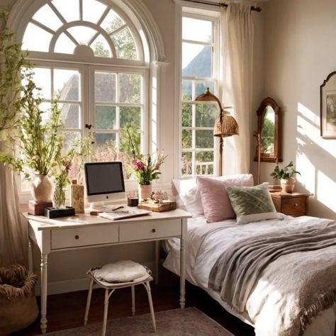 French Grandma Core Bedroom with large window and cozy bedding, working space with flower vase and vintage mirrors. French Modern Apartment, Girly Cottage Core Bedroom, Cozy English Cottage Bedroom, Vintage Style Bedroom Ideas, Cottage Core Bed Room, European Room Aesthetic, Boho Room Ideas Bedroom, Romantic Boho Bedroom, Cottage Core Bed