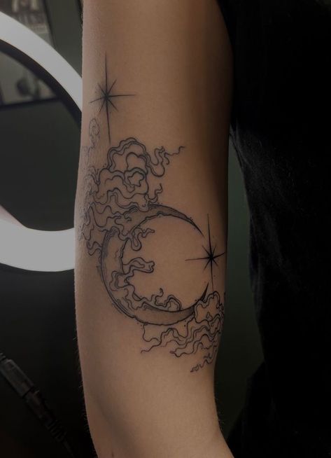 Cool Moon Tattoos For Women, Moon Stomach Tattoos Women, 2 Moon Tattoo, Ethereal Tattoos Drawing, Stars And Moon Tattoo Sleeve, Patchwork Moon Tattoo, Nature Spiritual Tattoo, Nature Vibe Tattoo, Large Womens Tattoos