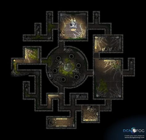 Download this map for free or create your on on dungeonfog.com. ⚔️ - #dungeon #rpg #ttrpg #battlemap #map #dnd #dnd5e #roleplay - An underground temple infested with spiders, covered in moss with a central room with a statue. Perfect for a one shot, with claustrophobic corridors and large rooms for a variety of different encounters. ------------------- If you enjoyed this map then don't forget to hit the ❤️ button above! Want to see more of my maps? Hit my name above (@Jonny) to s... Temple Layout, Underground Temple, Dungeon Rpg, Ancient Treasure, Brain Booster, My Maps, One Shot, Web Font, Spiders