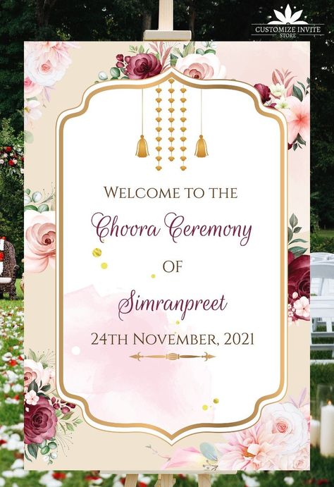 Indian Wedding Name Board, Choora Ceremony Invitation, Wedding Name Board Indian Entrance, Welcome Sign For Wedding Entrance Indian, Wedding Boards Signs Entrance Indian, Naming Ceremony Decoration, Ceremony Signage, Unique Wedding Signs, Wedding Sign Decor