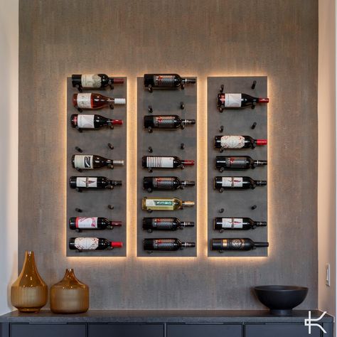 Modern Wall Wine Rack, Wine Wall Display, Wine Cellar Wall, Wine Storage Wall, Mounted Wine Rack, Bar Cabinets, Home Bar Rooms, Metal Wine Rack, Textured Panels