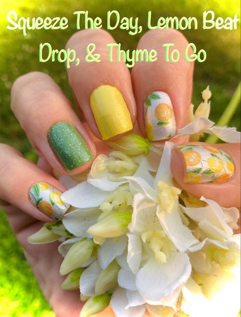 Color Street Squeeze The Day, Lemon Beat Drop, & Thyme To Go Summer Manicure Ideas, Summer Manicures, Squeeze The Day, Color Street Mani, Beat Drop, Mixed Mani, Summer Manicure, Nail Stuff, Street Nails