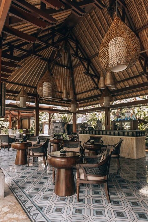 Balinese Restaurant Design, Urban Decor Ideas, Cabana Restaurant, Farmhouse Home Office, Tulum Restaurants, Rattan Lamp Shade, Bali Restaurant, Resort Restaurant, Rattan Light