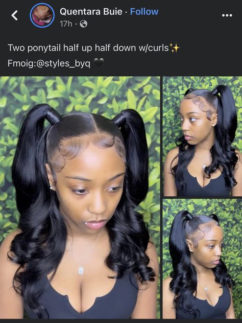 Slick Birthday Hairstyles, Birthday Protective Style, Cute Hairstyles For Your 12 Birthday, Two Ponytails Half Up Half Down Black, Two Ponytail Quickweave, Kids Sew In Weave Hairstyles, Two Ponytails With Weave In The Back, Two Ponytails Half Up Half Down Weave, 13th Birthday Hairstyles Black