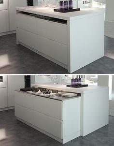 hidden kitchen island system - how abt an island that slides out for chopping, and tucks away for bigger, more spacious kitchen? Cooking Island, Interior Dapur, Hidden Kitchen, Kabinet Dapur, Space Saving Kitchen, Spacious Kitchens, Trendy Kitchen, Space Saving Furniture, Kitchen Design Small