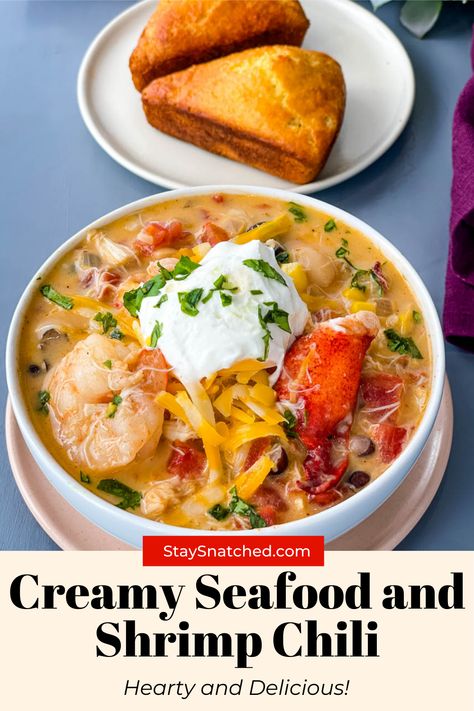 This Easy Creamy Seafood and Shrimp Chili is a quick, healthy recipe made with lobster, crab, and a creamy, white broth. The secret ingredient lies in the homemade chili seasoning and spice. Seafood Chili Recipe, Seafood Chili, Chili Video, Wednesday Dinner, Seafood Soups, Homemade Chili Seasoning, Creamy Seafood, Louisiana Cuisine, Chili Shrimp