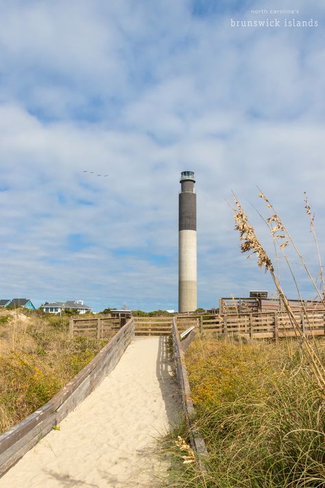 concrete lighthouse with a beach path in the foreground Oak Island Lighthouse, North Carolina Lighthouses, Mercury Lamp, Lighthouse Lighting, North Carolina Beaches, Bald Head Island, Cape Fear, Oak Island, Beach Activities