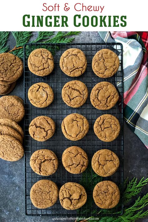 Soft & Chewy Ginger Cookies fresh from the oven waiting just for you!  These tasty little cookies are soft, chewy and deliciously gingery. Soft Ginger Cookies, Chewy Ginger Cookies, Chewy Gingerbread Cookies, Delicious Christmas Cookies, Ginger Molasses Cookies, Baked Cookies, Ginger Snap Cookies, Ginger Recipes, Ginger Cookies