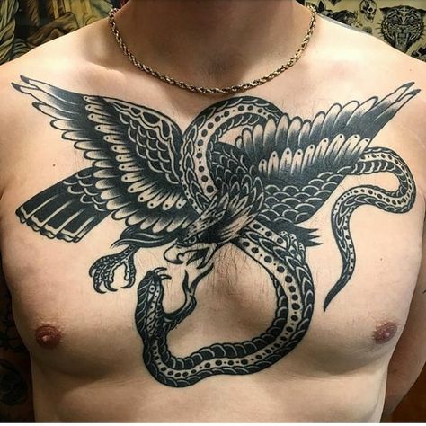 Healed work b Eagle Snake Tattoo, Eagle And Snake Tattoo, American Traditional Eagle, Paul Dobleman, Traditional Back Tattoo, Traditional Chest Tattoo, Eagle And Snake, Black Snake Tattoo, Eagle Chest Tattoo