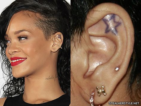 Rihanna's Tattoos & Meanings | Steal Her Style Star Tattoo Ear, Star Ear Tattoo, Rihanna Star Tattoo, Tattoo Ear, Rihanna Tattoo, Ear Piercings Tragus, Dandelion Tattoo, Ear Tattoos, Ear Piercings Helix