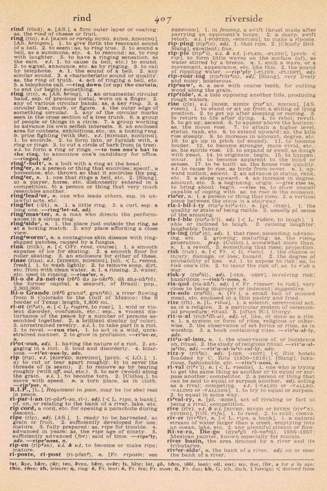 FREE vintage dictionary page! Letter R, full text, rind-riverside. Perfect for DIY and craft projects! #vintage #vintagebookpage #dictionarypage #vintagedictionary | https://www.roseclearfield.com Papel Vintage, Free Vintage Printables, Vintage Text, Dictionary Page, Vintage Dictionary, Scrapbook Stickers Printable, Old Book Pages, Bullet Journal Stickers, Vintage Journal