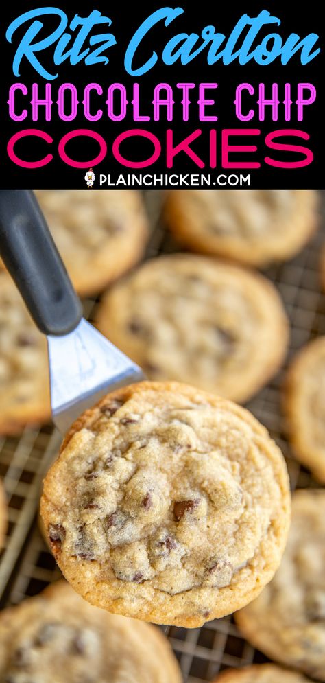 Ritz Carlton Chocolate Chip Cookies Recipe - seriously the BEST chocolate chip cookie EVER! Crispy on the outside and chewy on the inside. PERFECT! Butter, brown sugar, salt, eggs, chocolate chips, flour, vanilla, and baking powder. Can freeze cookie dough unbaked for a quick treat later. Makes a great gift too! I take these to parties and potlucks and never have any leftovers! You must make these ASAP! #cookies #chocolatechipcookies #chocolatechip Freeze Cookie Dough, Strawberry Chocolate Chip Cookies, Ultimate Chocolate Chip Cookie, Hazelnut Cookies, Cookie Bakery, Frozen Cookie Dough, Best Chocolate Chip, Chocolate Chip Cookies Recipe, Easy Chocolate Chip Cookies