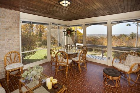 Sunroom with brick floor Sunroom Floor Ideas, Patio Enclosure Ideas, Temporary Patio, Sunroom Flooring Ideas, Sunroom Flooring, Types Of Floor Tiles, Table Pendant Light, Brick Floor, Sunroom Ideas