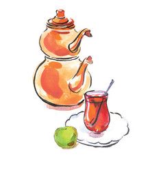 Turkish Tea Drawing, Turkish Drawing, Apple Watercolor, Tea Tattoo, Turkish Teapot, Tea Illustration, Apple Vector, Turkish Tea, Turkish Style