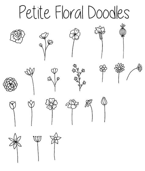 Petite Floral Doodles | The Petite Planner Simple Flower Sketch Doodles, Poppy Doodle Simple, Tiny Flowers Drawing, Small Flower Doodles, May Doodles, Little Flower Drawing, Easy Floral Doodles, Dainty Doodles, Floral Doodles Pattern