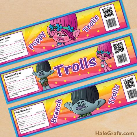 Free Printable Trolls Water Bottle Labels Troll Hair Diy, Troll Party Theme, Water Bottle Labels Free, Pokemon Valentine, Spongebob Birthday Party, Trolls Birthday Party, Spongebob Birthday, Label Printable, Troll Party