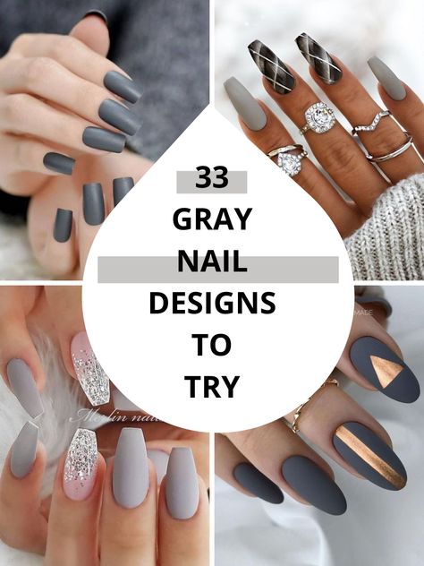 Classy Gray Nails, Greyish Nails Designs, Nail Ideas Grey And White, Gray And Gold Nail Designs, Fall Grey Nail Designs, Gray Fingernail Designs, Gray Nail Designs Winter, Gray Almond Nails Design, Matte Grey Nails Design