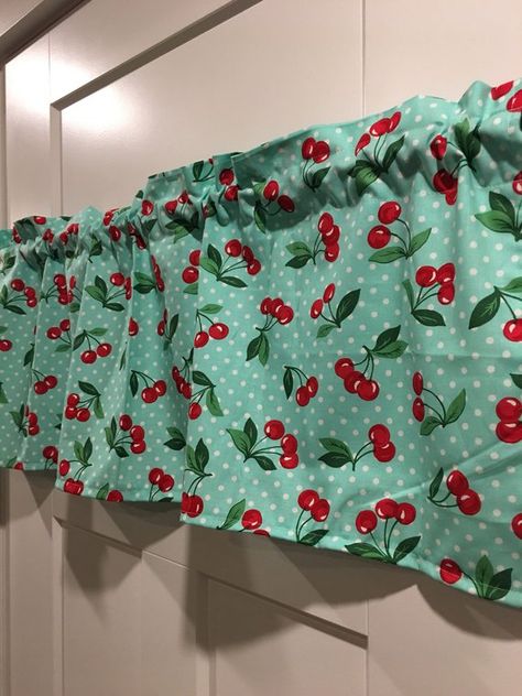 Retro Modern Kitchen Mint Green Aqua with White Polka Dot with | Etsy Scalloped Valance, Retro Dining Rooms, Vintage Style Kitchen, Cherry Kitchen, Aqua Background, Fifties Fashion, Kitchen Curtain, Green Aqua, Red Curtains