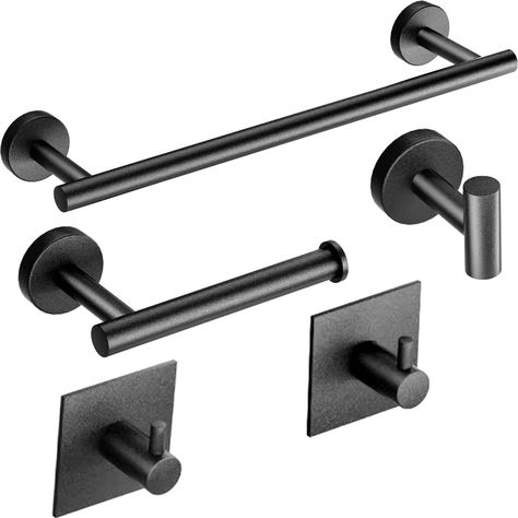 PRICES MAY VARY. 【5-Piece Set】 Our matte black bathroom hardware set includes a 16-inch towel bar, toilet paper holder, 1 bathrobe hook, and 2 wall towel hooks. This bathroom set offers a cost-effective solution for a complete bathroom makeover. 【Premium Quality Material】 Crafted from high-quality 304 stainless steel, our hardware set boasts exceptional strength, good toughness, and long-lasting durability. The exquisite matte black finish ensures longevity and is resistant to rust in any humid Towels On Towel Bar, Matte Black Bathroom Hardware, Towel Racks For Bathroom, Black Bathroom Hardware, Black Towel Bar, Bar Toilet, Bathroom Towel Hooks, Matte Black Bathroom, Towel Holder Bathroom