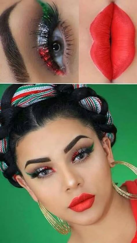 Mexican Inspired Makeup Look, Mexican Flag Makeup Look, Mexican Independence Day Makeup, Cinco De Mayo Makeup Ideas, 5 De Mayo Makeup Ideas, Mexican Flag Makeup, Folklorico Makeup, Mexico Makeup, Mexican Makeup