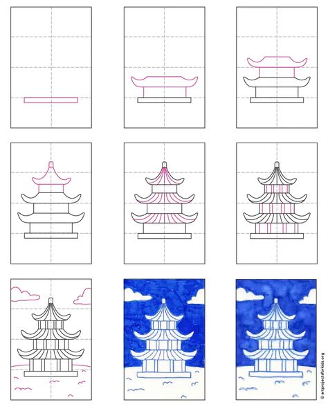 Painting Art Projects For Kids, Pagoda Drawing, Pagoda Painting, Asian Art Projects, Water Based Markers, Japan For Kids, Art Projects For Kids, Drawing Tutorial Easy, School Art Projects