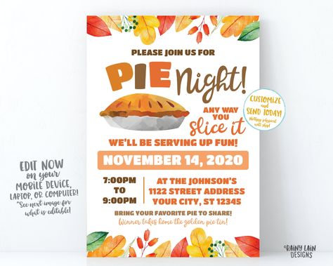 Pie Night Invitation, Pie Fundraiser Flyer, Pie and Wine, Pie and Cocktails Friendsgiving Thanksgiving Pie Making Contest Pie Eating Contest ----------------------------------------------------------------------- This is a listing for an invitation for you to edit yourself, and either send electronically (via email, text, social media, e-invitation app, etc.) or print at home or at your favorite print center. You can edit this file online using your mobile device, laptop, or desktop computer. No Wine Pie, Pie Night, Pie Eating Contest, Pie Making, Gender Reveal Cupcakes, E Invitation, Thanksgiving Pie, Pie Party, Fundraiser Flyer