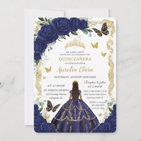 QuinceaÃ±era Royal Blue Floral Gold Princess  Invitation  Zazzle Princess Invitation, Quince Invitations, Blue Quince, Princess Invitations, Navy Blue Flowers, Quince Ideas, Rose Party, Sweet 16 Invitations, Foil Invitations