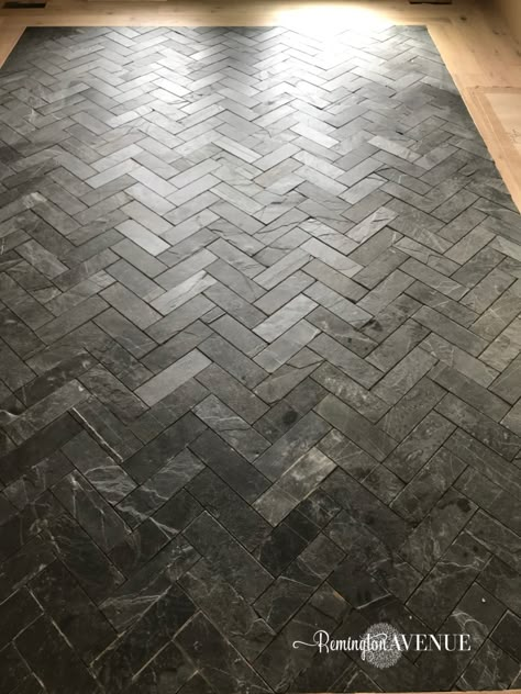 Slate Looking Tile Floor, Black Brick Herringbone Floor, Entryway Flooring Ideas Tile, Dark Tile Floors, Entry Floor, Pool Paving, Herringbone Tile Floors, Herringbone Rug, Entryway Tile