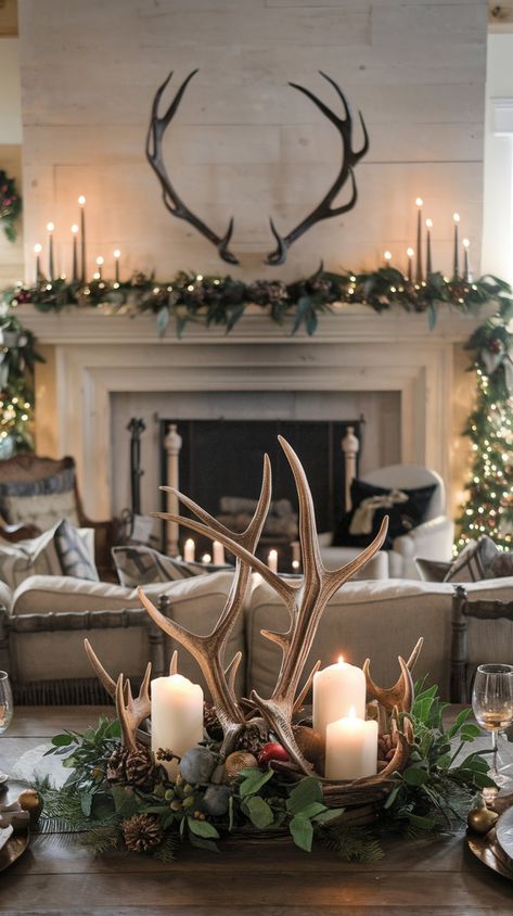 Create an inviting holiday space with rustic Christmas decor ideas. Explore timeless decorations for a cozy, festive home. Antlers Christmas Decor, How To Style Deer Antlers, Log Home Christmas Decorating Ideas, Deer Antler Christmas Decor, Christmas Lodge Decor, Antler Christmas Decor, Rustic Farmhouse Christmas Decor Ideas, Rustic Christmas Decor Ideas, Lodge Christmas Decor